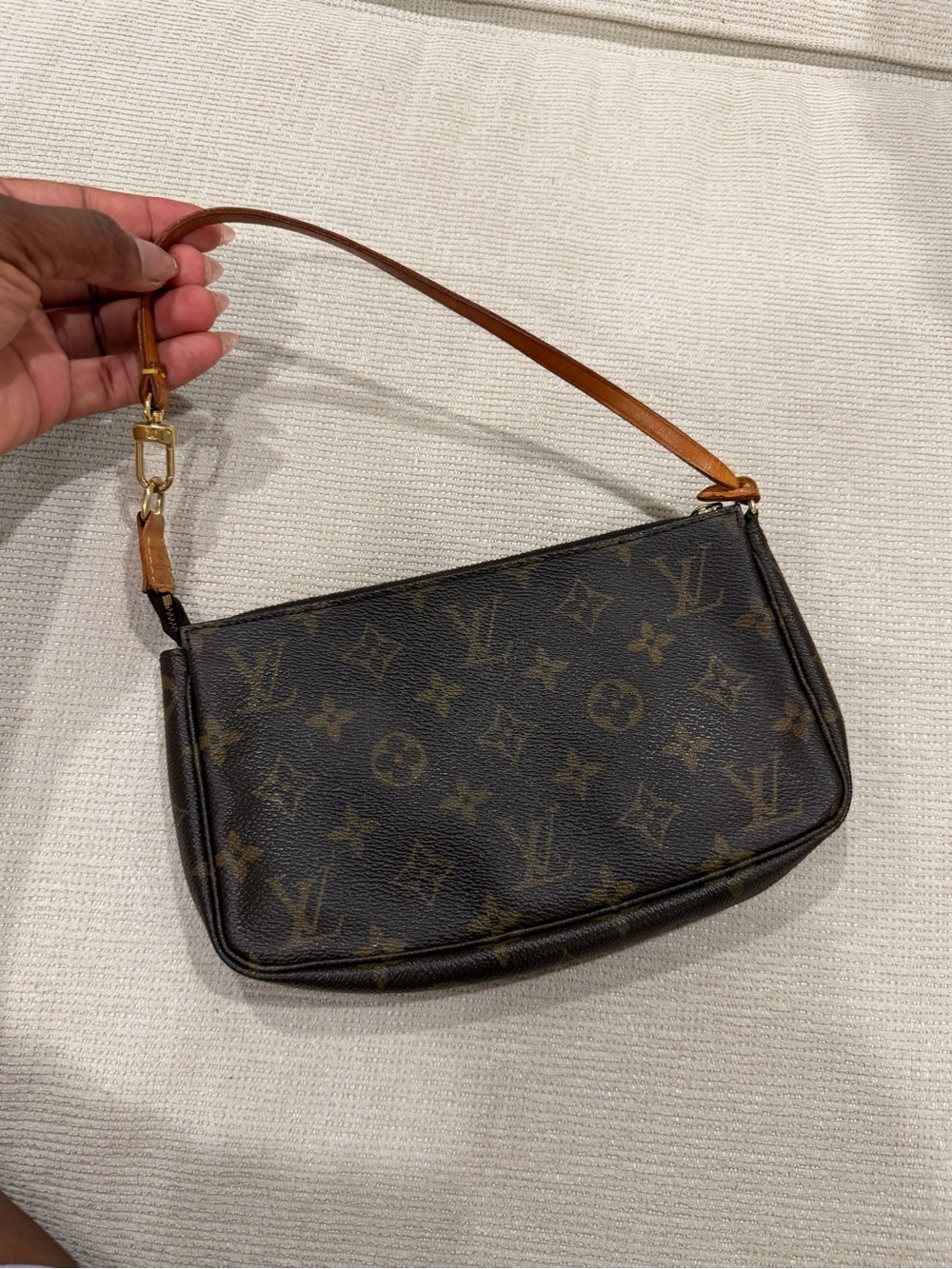 Louis Vuitton Monogram Canvas Mini Pochette with Tan Strap